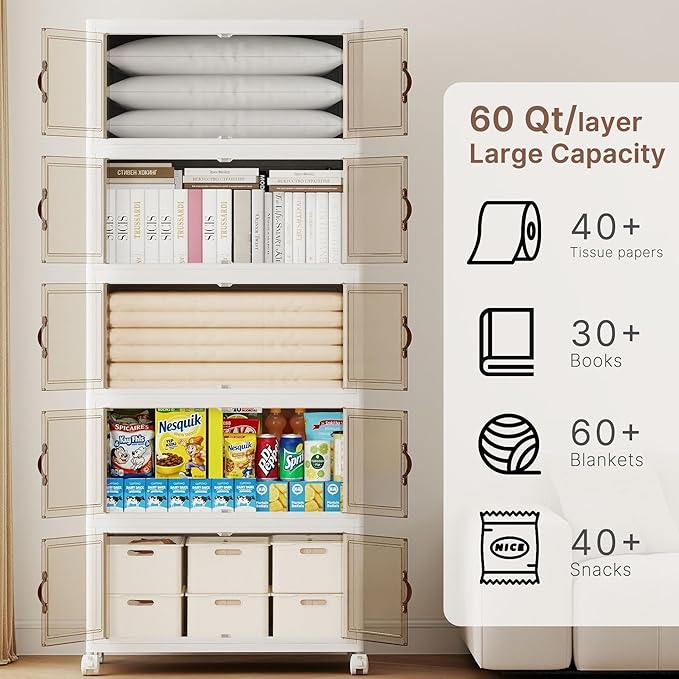 540QT Extra Large Stackable Storage Bins with Lids & Wheels & Door, 135Gal Foldable Collapsible Closet Organizers, Plastic containers drawers for bedroom Dorm