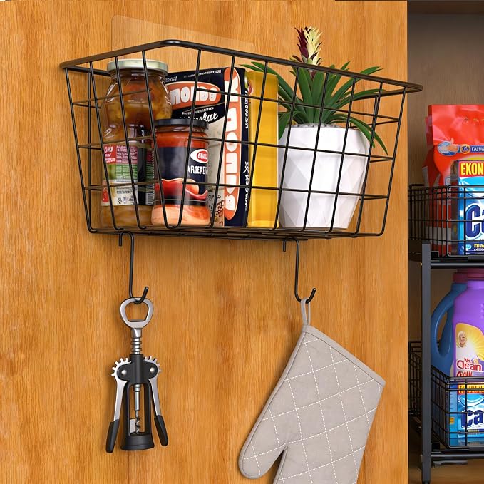 MaraFansie Hanging Kitchen Baskets, 2 Pack Wire Storage Basket Over Cabinet Door Organizer with Adhesive Hooks, No Drilling Pantry & Cabinet Organization for Kitchen Bathroom, Extra 2 Hooks, Black