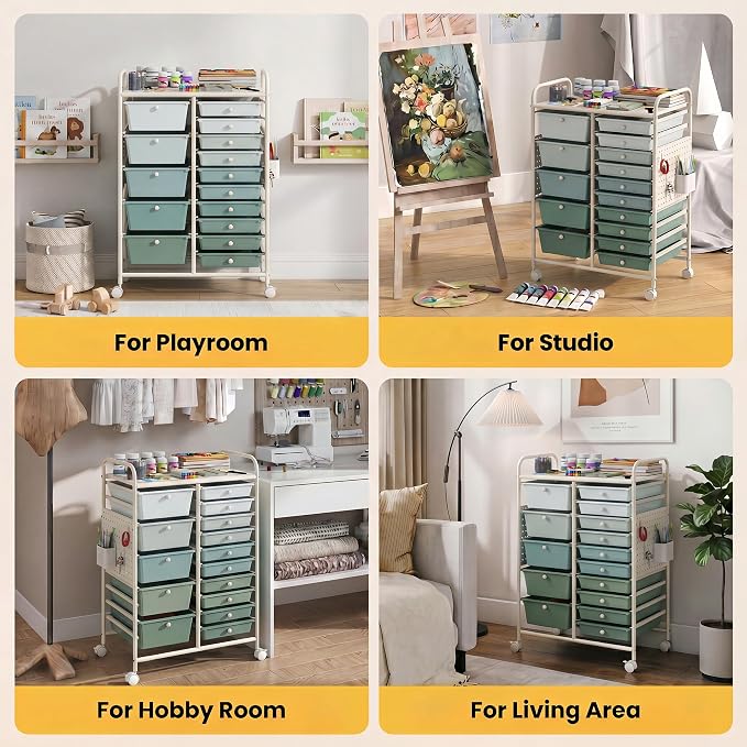 DREAMADE 15-Drawer Rolling Storage Cart, Craft Cart, Gradient Green | Mobile Utility Cart with Metal Pegboard Panels, Tabletop and Lockable Wheels for Classroom, Office, Studio and Playroom
