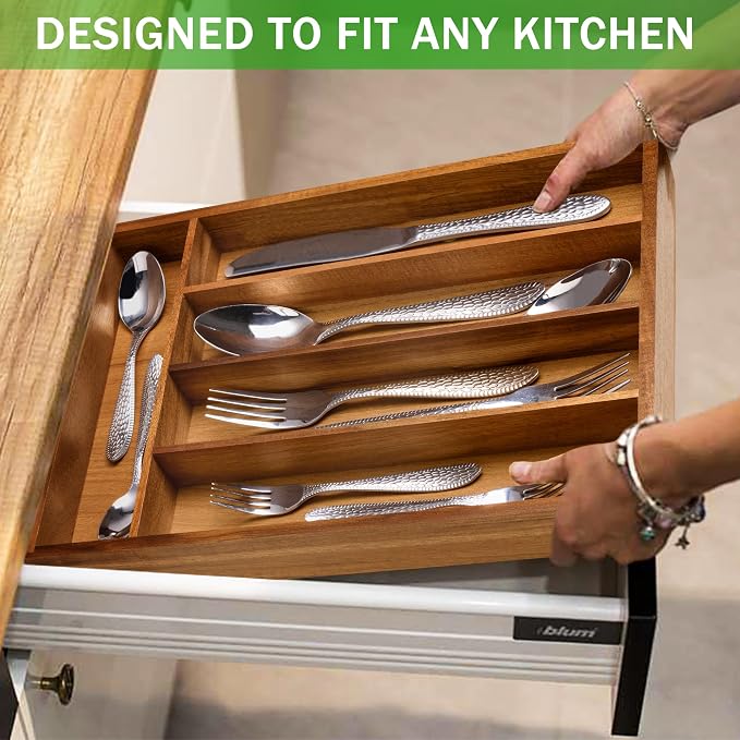 Greenual Acacia Wood Silverware Organizer 10 In Utensil Organizer Silverware Tray for Drawer Cutlery Flatware Organizer for Kitchen 2 Pack
