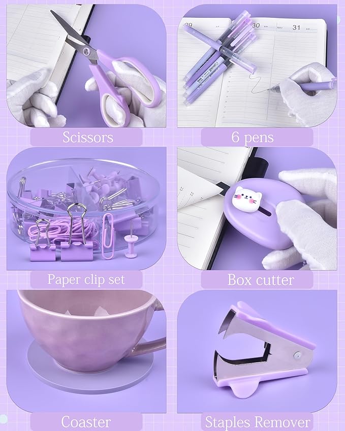 Purple Desk Accessories, Pencil case, Stapler, Pen and a Lot of Office Purple Office Supplies Beautifully Presented in a Gift Box
