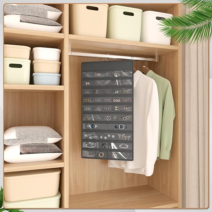 Hanging Jewelry Organizer, Double-Sided Necklaces Holder, Dark Gray | 42 clear pockets organize rings & earrings; 36 wire necklace hooks reduce tangles; top hook hangs in closets, walls or doors.