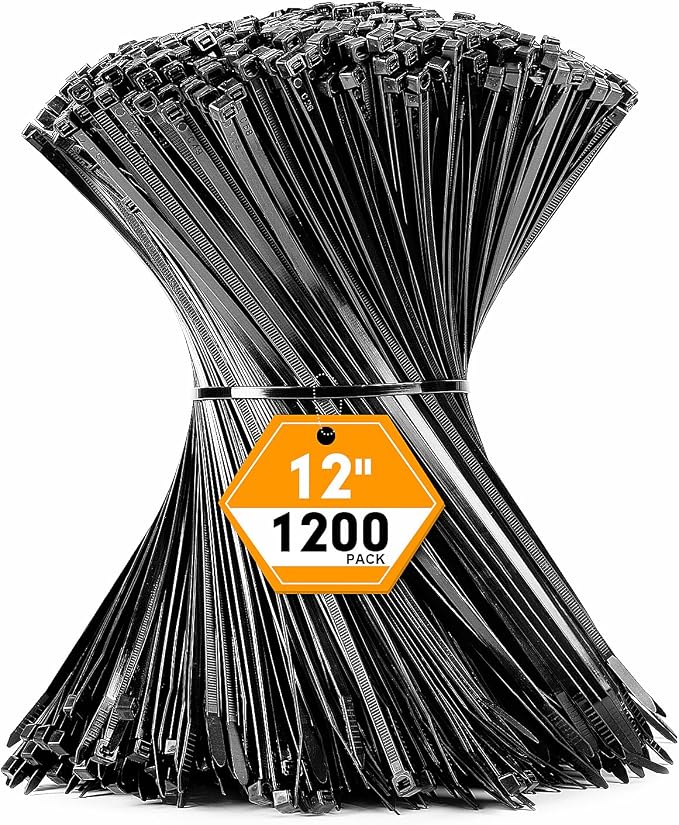 RAZCC 1200pcs Black Cable Zip Ties 12 Inch, Heavy Duty Plastic Nylon Tie Wraps with 50lb Tensile Strength for Indoor & Outdoor