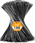 RAZCC 1200pcs Black Cable Zip Ties 12 Inch, Heavy Duty Plastic Nylon Tie Wraps with 50lb Tensile Strength for Indoor & Outdoor