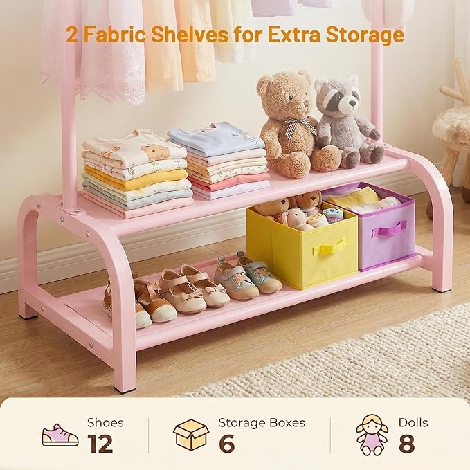 Kids Clothes Rack for Ages 3-6, Montessori Kids Clothing Rack, Pink | Kids Dress Up Rack with 2 Fabric Storage Shelves & Side Hooks, Toddler Wardrobe Rack for Costumes, Princess Dresses and Shoes