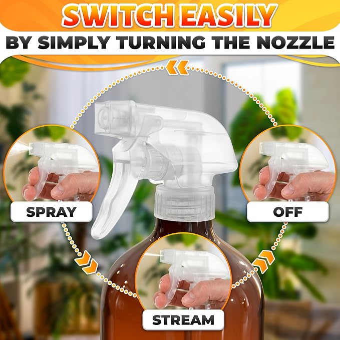 ALPENKOK 6 Pack Spray Nozzle for Bottles, Trim-To-Fit Tube; Plastic (Clear) | Spray Bottle Nozzle Replacement; Fits 8 and 16 Oz; Trigger Sprayer with Mist, Stream & Off Modes; for Cleaning and Garden