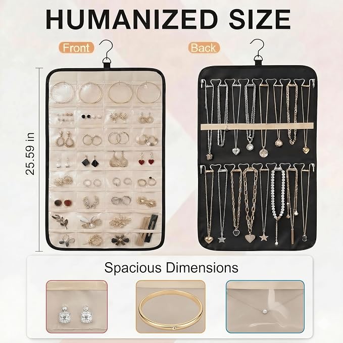 Hanging Jewelry Organizer, Dual-Sided Necklace Holder with Multiple Clear Pockets - Wall Mount & Over The Door Closet Storage for Earrings, Rings, Bracelets - 360° Rotating Hanger (1, Black, M)