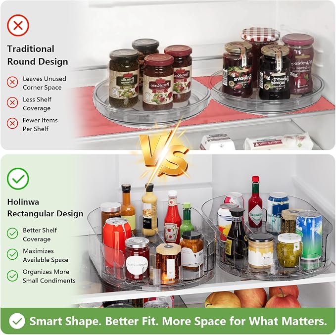 Lazy Susan Organizer for Refrigerator, 13" x 8.5" Clear Rectangular Fridge Organizer Turntable for Condiments, Spice Racks Organizer for Cabinet, Pantry & Kitchen Countertop(2 Piece)