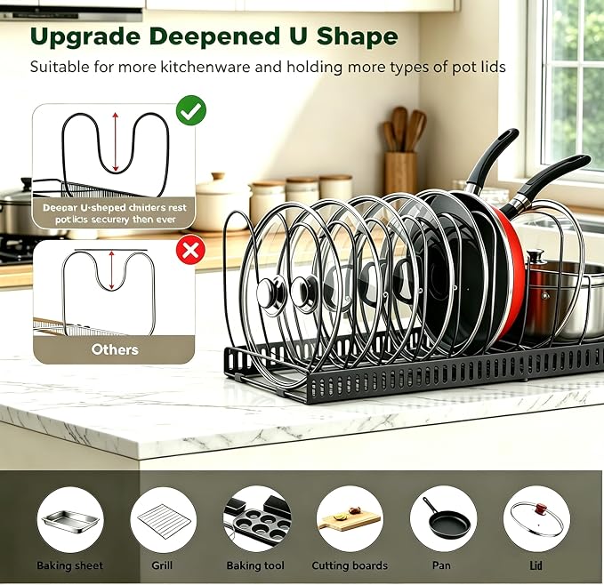 Expandable Pot and Pan Organizer for Cabinet, 14 Adjustable Dividers, Versatile Pan Holder Storage Rack, Extends from 12'' to 23'', Fits Cabinets, Countertops, or under Sink, Black, Iron