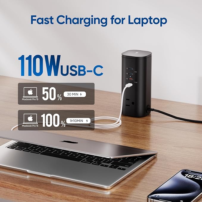 160W Fast Charging Station, TenTrend Power Strip Tower, 5FT Extension Cord | Charging Tower with 3AC Outlets & 8 USB Ports(4 USB-C), Foldable 15W Charging, Dorm, Office Desk Supplies