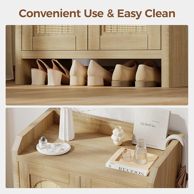 Mericonia Shoe Cabinet Storage for Entryway, Natural Rattan Shoe Storage Cabinet, Wooden Shoe Rack Cabinet, Farmhouse Boho Wood Shoe Organizer Cabinet for Hallway