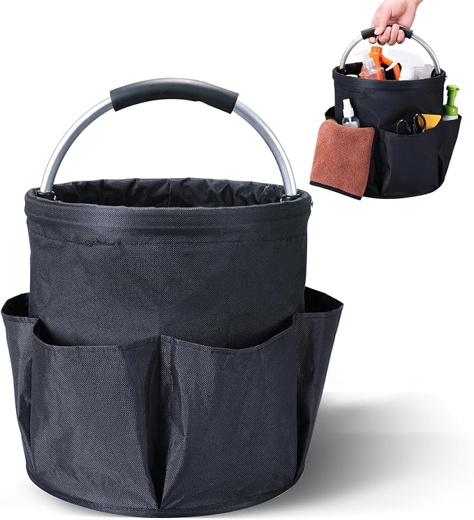 NATGAI Cleaning Caddy with Handle, 17L Foldable Cleaning Supply Caddy, Portable Bucket Organizer with Pockets, Tote Bucket Organizer for Housekeeping, Garden Detailing Caddy, Cleaning Supplies Storage