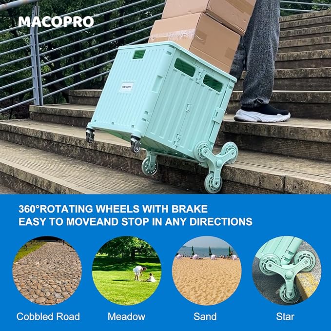 MACOPRO Foldable Utility Cart with Stair Climbing Wheels, Collapsible Rolling Crate with Telescoping Handle, Shopping Trolle Handcart Grocery Book File Tool Art Supplies Teacher Storage Basket(Green)