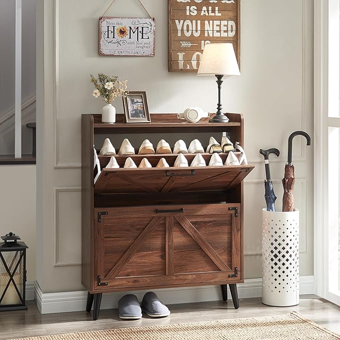 Barnyatoh Shoe Storage Cabinet with 2 Flip Drawers, Farmhouse Hidden Shoe Organizer, Narrow Slim Shoe Rack Cabinet for Entryway Hallway,Walnut