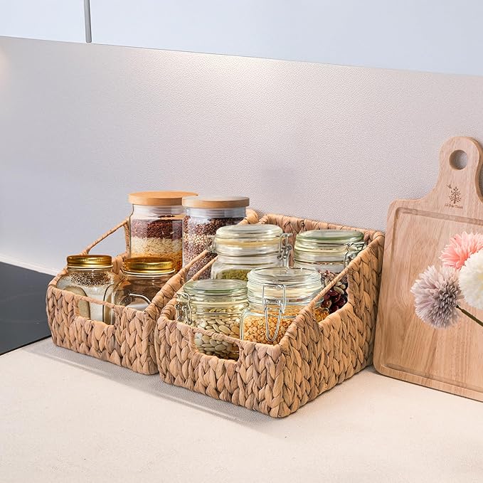KOKODO 2-Pack Open Front Pantry Baskets, Handwoven Water Hyacinth Wicker Storage Baskets with Built-in Handles, Organizing Bins for Shelves