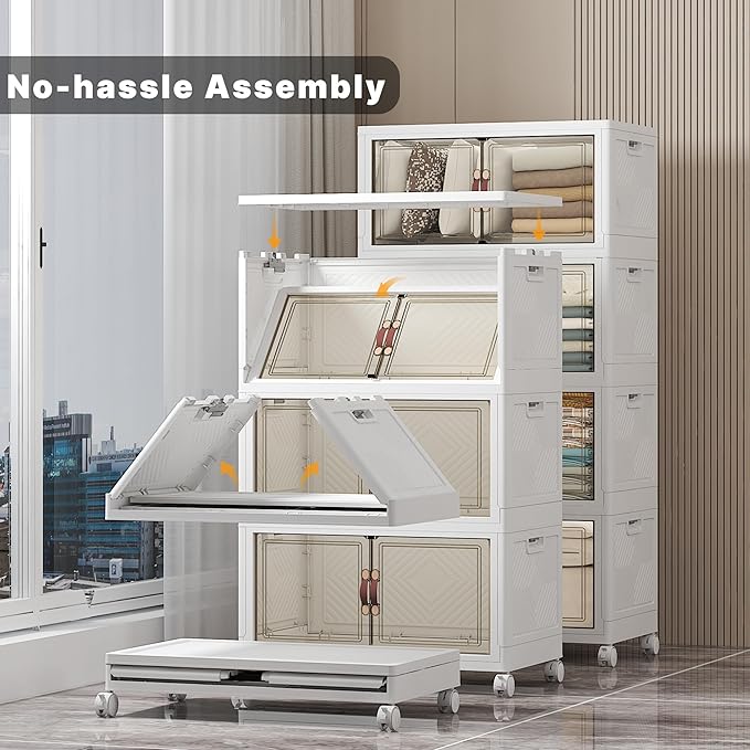 UAMFURI Stackable Storage Bins with Lids, 896QT Closet Organizers and Storage with Doors and Wheels, Extra Large Storage Cabinet, Collapsible Plastic Drawers for Bedroom Dorm Office Garage
