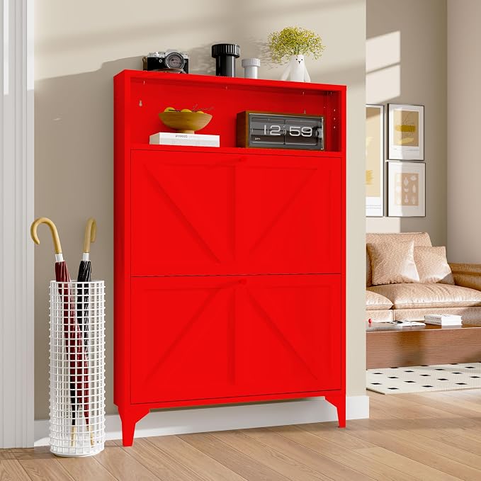 Shoe Cabinet with 2 Flip Drawers and Open Top Space-Metal Narrow Shoe Rack for Entryway,Hallway,Living Room-Hidden Metal Shoe Cabinet-Freestanding Shoe (2 Door, red)