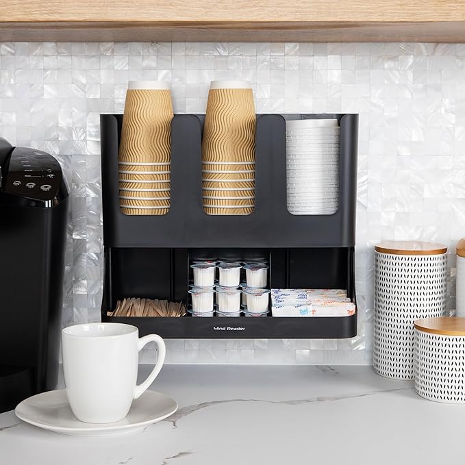 Mind Reader Condiment Station, 13 Inch Countertop Coffee Bar Organizer with 6 Compartments, Storage Caddy for Cups, Lids and Packets, Plastic, Black