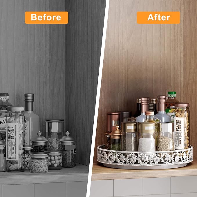 Lazy Susan Turntable Organizer, 13 inch, White | 360°Rotating, Large Rotating Spice Rack, For Dining Table Top, Cabinet Countertop Pantry, Kitchen Cupboard Bathroom