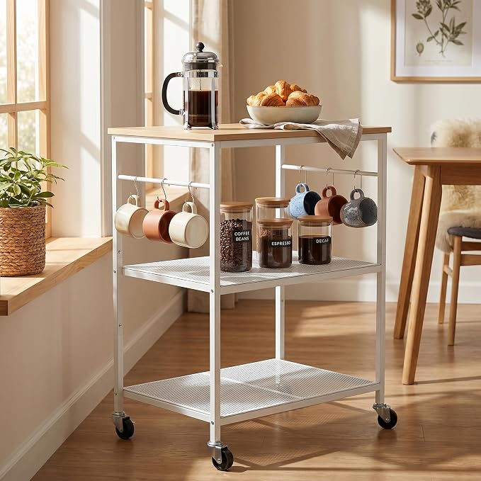 Homleke 3-Tier Rolling Kitchen Microwave Cart, Utility Cart | with Lockable Wheels Coffee Bar Table Station with 6 Hooks, Small Appliance Storage Shelf, White and Natural