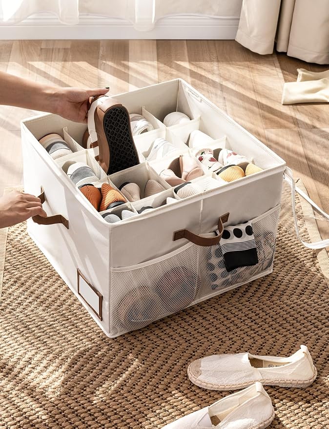 StorageWorks Shoe Storage Organizer for Closet, Up to 16 Pairs, Beige | Fixed Compartments, Clear Lid & Label Window, Side Mesh Pocket for Accessories, Soft Handles, Fits Flats, Sandals & Low-Tops