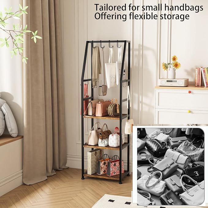 Hall Tree with Hanging Hooks,Heavy-Duty Metal Coat Rack with Shoe Shelves,3-Tier Purse Stand Handbag Organizer，Suitable for Hallway,Bedroom and Bathroom (Brown)