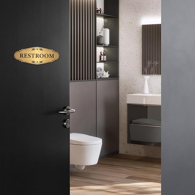 Restroom Sign Sticker for Business & Home, Self-Adhesive Brushed Gold | Elegant Bathroom Signs for Door, Durable & Waterproof Unisex Restroom Signage for House Toilet, Office, Store, Shop
