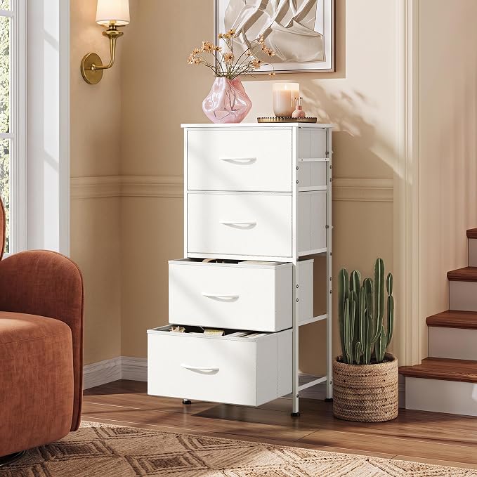 WLIVE Dresser with 4 Drawers, Storage Tower, Organizer Unit, Fabric Dresser for Bedroom, Hallway, Entryway, Closets, Sturdy Steel Frame, Wood Top, Easy Pull Handle, White