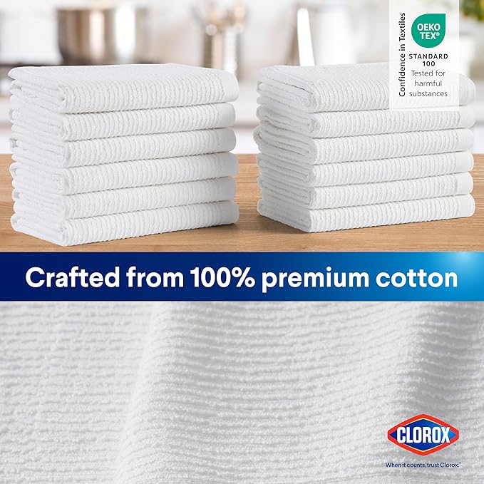 CLOROX Ribbed Bar Mops - 100% Cotton Quick Dry Extra Large Dishcloths - Absorbent Multipurpose Cleaning Cloths for Restaurants, Kitchen, Bathroom, Hotel - 16" x 19" - White 12 Pack
