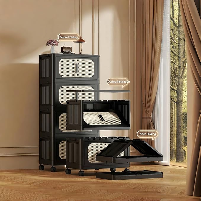 5 Tiers Folding Storage Cabinet,20" Side Wide Stackable Storage Bins with Doors and Wheels, Space Saving Plastic Cabinet for Living Room, Office, Dorm, Retro Black