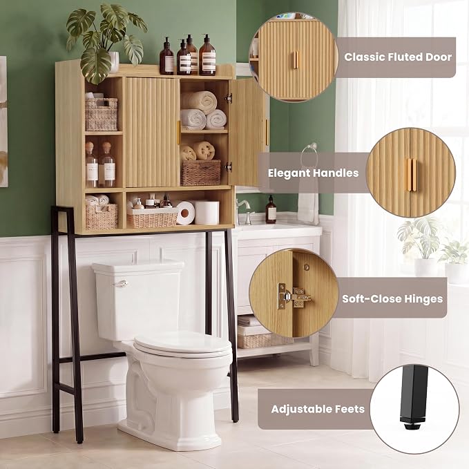 31" W Over The Toilet Storage Cabinet with Fluted Door,Bathroom Organizers and Storage with Adjustable Shelves, Mordern Over Toilet Organizer for Bathroom,Restroom,Laundry,Oak