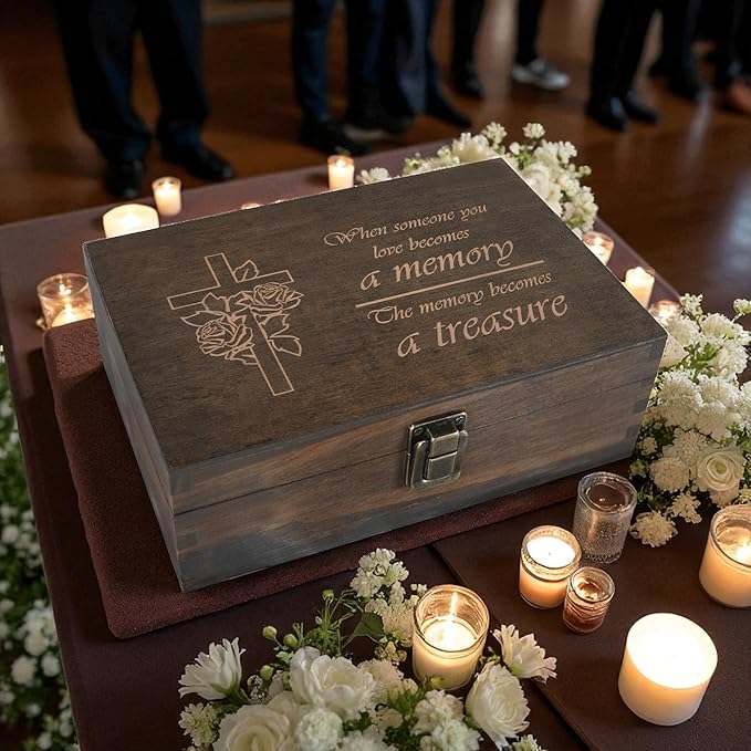 Engraved Memorial Memory Box – Wooden Keepsake Box for Loss of Loved One or Pet – Sympathy Gift – Medium Size – Dark Walnut Finish – 8.5 x 6 x 3 in