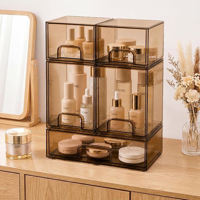 Baby Bottle Organizer, 5 Pack Tea Brown Acrylic Stackable Storage Drawers, Baby Bottle Storage Organizer for Countertop, Nursery, Vanity & Cabinet