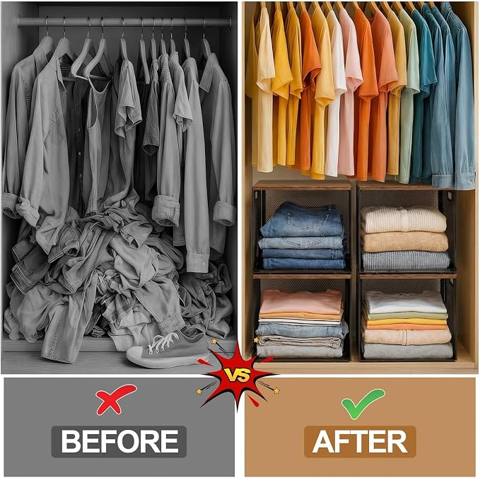 AceOrbit 3 Pcs Widened Stackable Closet Organizers and Storage with Wood Top Foldable Metal Cube Closet Shelf DIY Space Saving Linen Clothes Shoes Bed Sheet Bin for Wardrobe Bedroom(12"x12"x12", Dark)