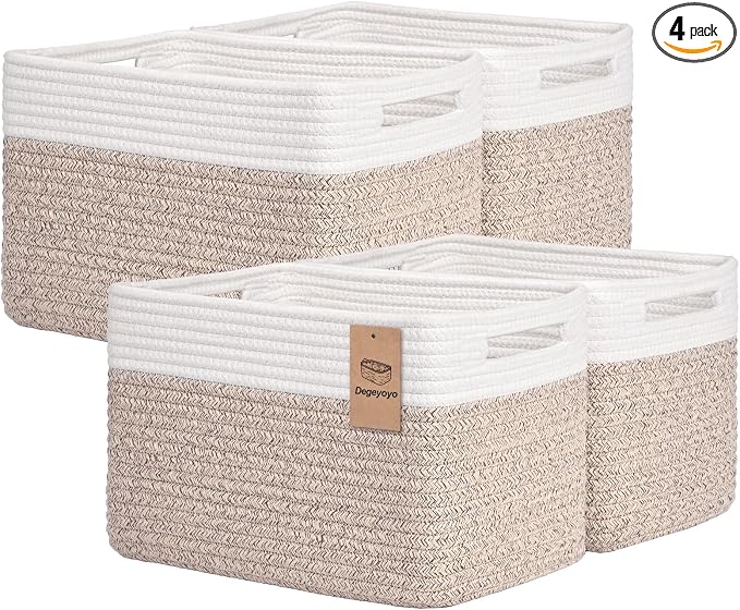 Storage Baskets for Organizing, 4 Pack Baskets for Shelves, Decorative Storage Bins for Shelves, Cotton Rope Storage Basket with Handles, Woven Basket for Storage, 13''Lx8.7''Wx7.9''H, White & Brown