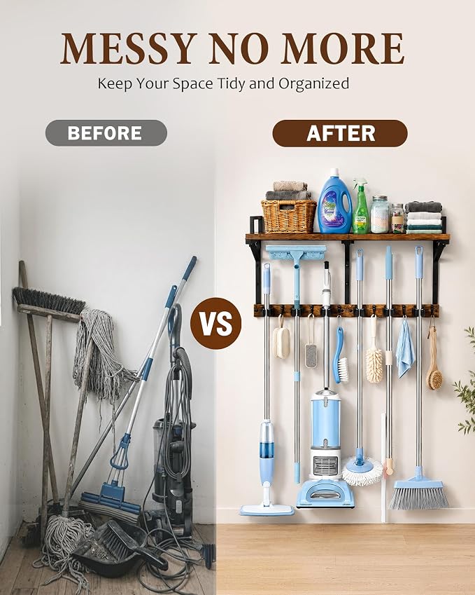Lorbro Broom Holder Wall Mount with Cleaning Supplies Storage, Heavy Duty Broom and Mop Organizer Wall Hanging, Wooden Mop Organizer Hanger, 3 in 1 Storage Shelves for Laundry Room, Garage, Closet