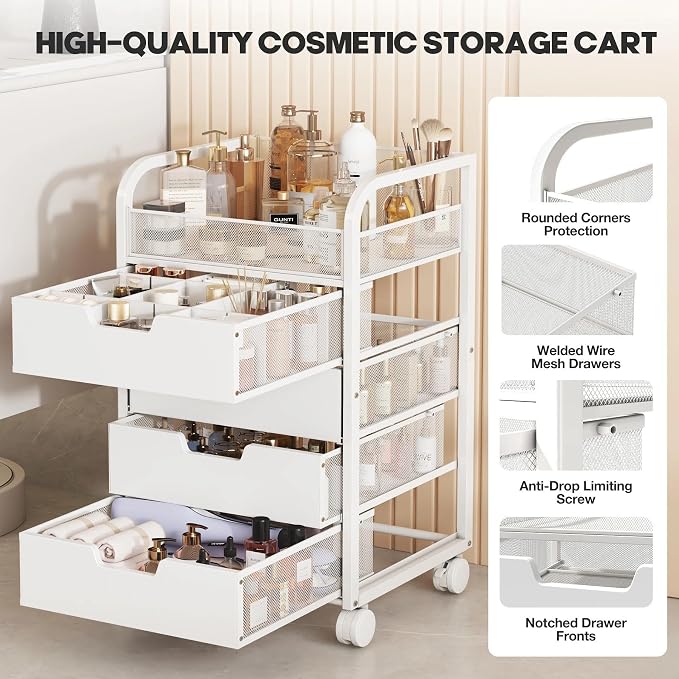 Makeup Organizer Cart with 4 Drawers, Vanity Storage Drawer Carts with Dividers, Nail Cart Organizer Cosmetic Display Cases Cabinet for Skin Care, Nail Polish, Perfume, White