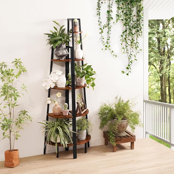 Yoobure 4‑Tier Corner Shelf – Sturdy Metal Frame & Wood Ladder Bookshelf, Space‑Saving Display Shelves for Plants & Books, Easy Assembly, for Bedroom, Living Room, Office, Balcony
