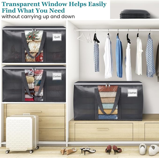 HomeHacks 2 Pack Extra Large Moving Bags with Visual PVC Window & Zippers, Storage Totes with Reinforced Handles, Heavy Duty Storage Bags for Packing, Moving, Storage (125L,Grey)
