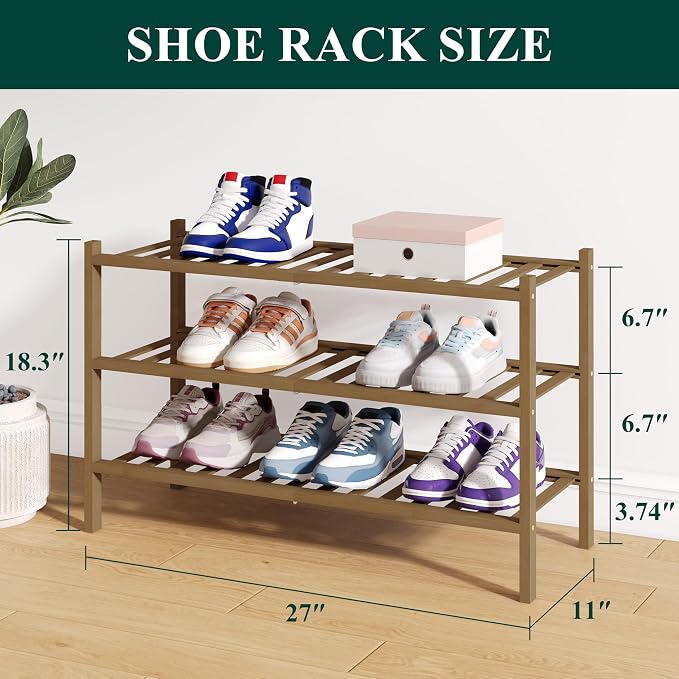 Smiry Bamboo Shoe Rack for Closet, 3 Tier Wooden Shoe Organizer, Stackable Wood Shoe Storage Shelf for Entryway, 14 Vertical Slats, One-piece Heavy-Duty Legs, 26.77"x11.02"x18.31", Walnut