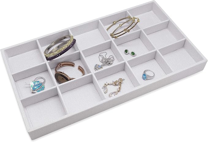 The Display Guys - Stackable Jewelry Tray and Organizer - for Drawers, Dressers, Store Display (15 Compartments, White Burlap)