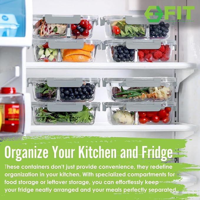 Glass Meal Prep Containers 2 & 3 Compartment, Leak-Proof Lids 32 oz 4 Pack | Glass Bento Boxes Food Lunch Containers with Lids for Adults, Airtight Snap-Lock, BPA-Free, Microwave Oven Freezer Safe, Gray