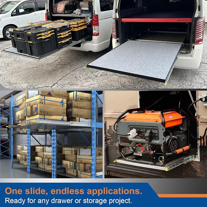 VADANIA 60" Industrial Grade Heavy Duty Drawer Slide with Lock #D76 | 3" Width, Up to 379lb Load Capacity, 3-Fold Full Extension, Non-Detachable Lock-in & Lock-Out, Side Mount, 1-Pair