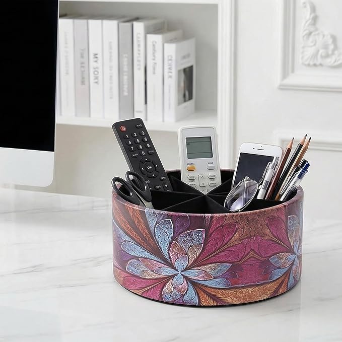 Remote Control Holder, 360°Spinning PU Leather Desk TV Remote Caddy,Desk Storage Box Room Accessories for Controller, Media,Mail,Calculator, Mobile Phone,Pencil(1B-Purple Flower)
