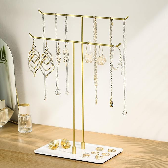 Necklace Holder Stand,Metal Jewelry Organizer for Home Decor,White and Gold | Modern Design,Easy Assembly,Non-Slip EVA Pads,Gift for Woman,Necklace Display for Bedroom,Vanity and Dresser