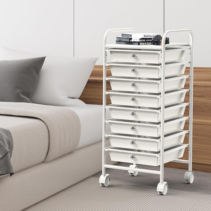 Simple Houseware 8 Drawers Rolling Utility Cart Art Craft Storage, White | 1-Column, 30.25" Height, Lockable Wheels, for School, Office, Art Craft, and Paper Storage