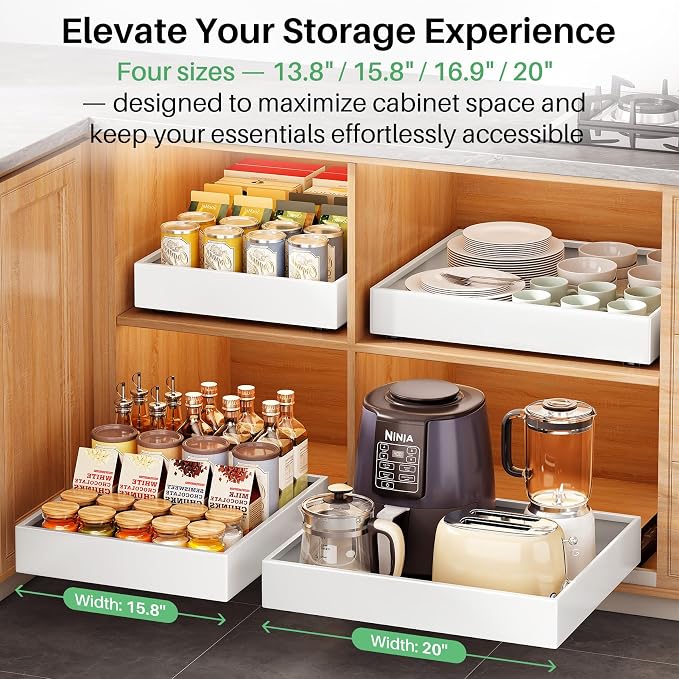 2Pack Pull out Cabinet Organizer, 21"Deep, Heavy Duty Full-extension Slide out Drawers for Kitchen Cabinet, Roll out Shelf Storage with Nano Adhesive for Pots,17"W x 21"D x 3.1"H, White