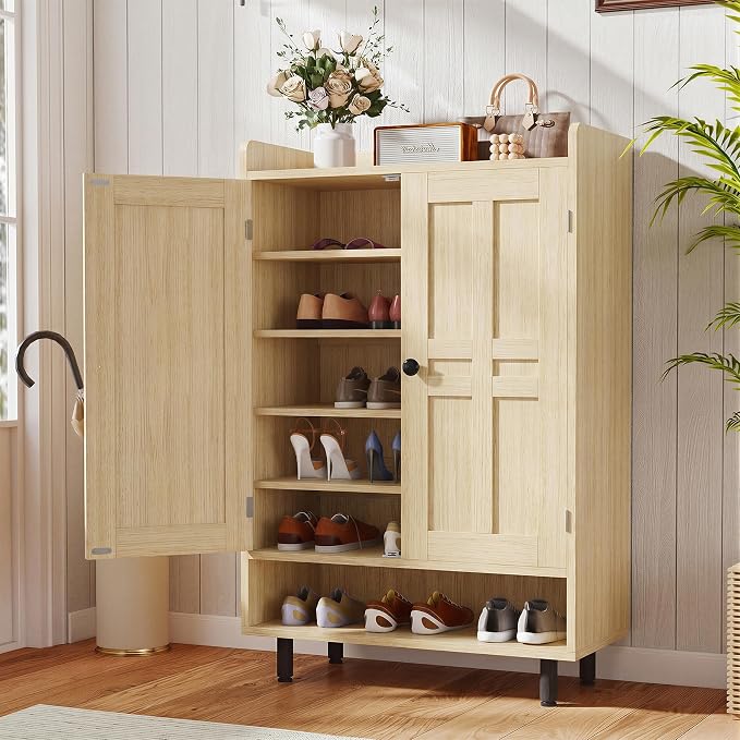 Farmhouse Shoe Cabinet with Doors, 6-Tier Wooden Shoe Organizer with Adjustable Shelves, Entryway Storage Cabinet, Rustic Shoe Storage for Entryway or Living Room (Nature)