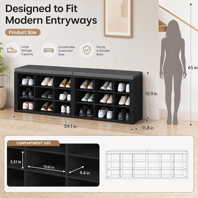 Shoe Storage Bench with Padded Seat, 18-Cubby Shoe Organizer for Entryway, 59.1" Long 700 lb Capacity, for Living Room, Bedroom, Hallway (Blackboard with Dark Gray, Linen, Sponge)