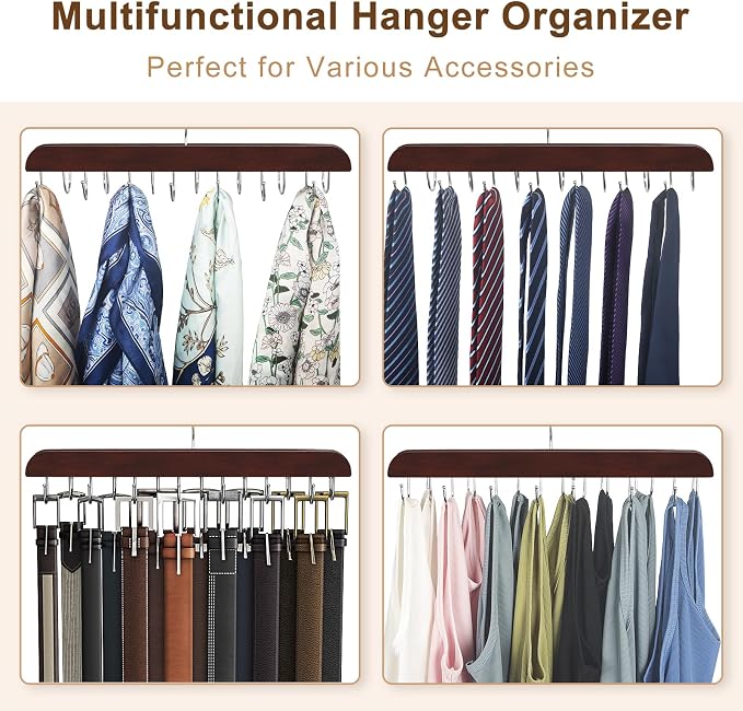 Belt Hanger for Closet Max 42 Belts, Sturdy Wood Belt Rack Closet Accessories with 14 Hooks Belt Organizer for Closet Organizers and Storage - Mahogany 1 Pack